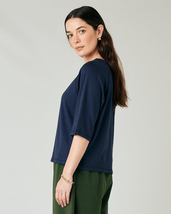 model wears navy jersey raglan top