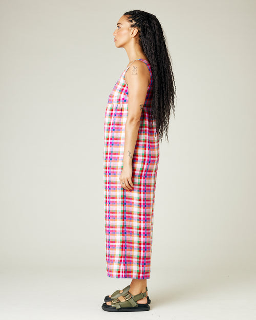 model wears sonny check savannah linen jumpsuit