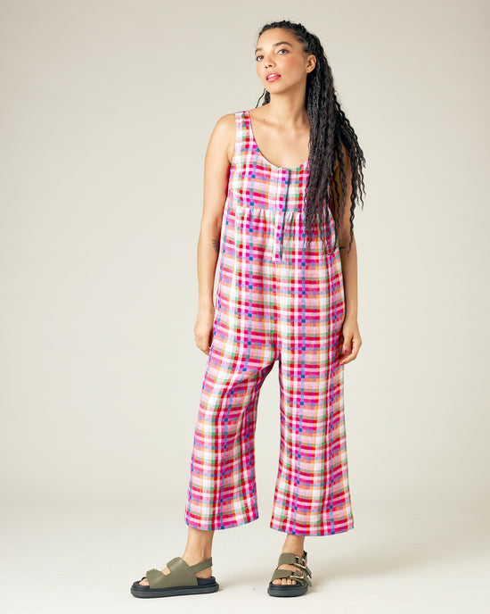 model wears sonny check savannah linen jumpsuit