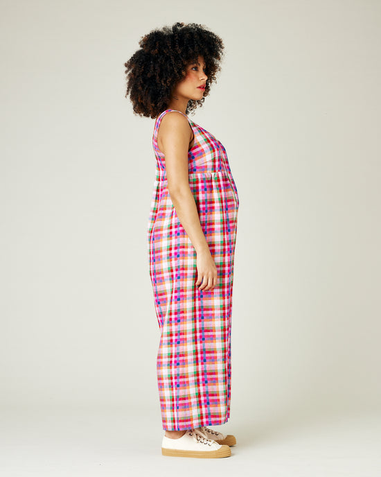 pregnant model wears sonny check savannah linen jumpsuit