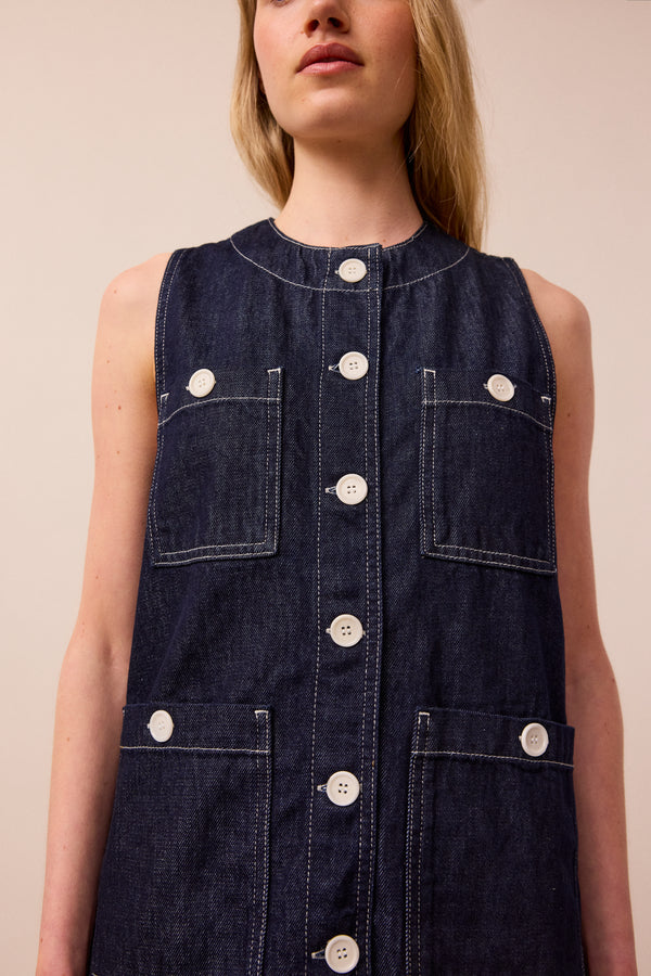 model wears denim jamie waistcoat
