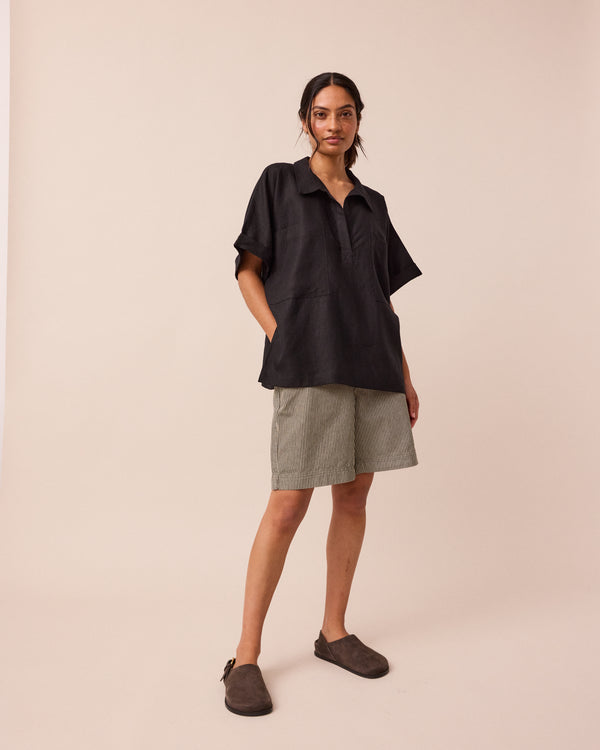 model wears bella hickery stripe shorts