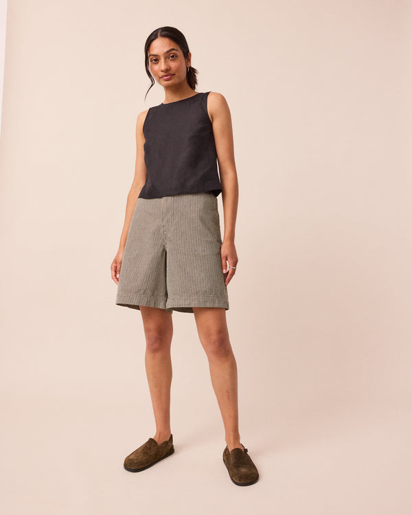 model wears bella hickery stripe shorts