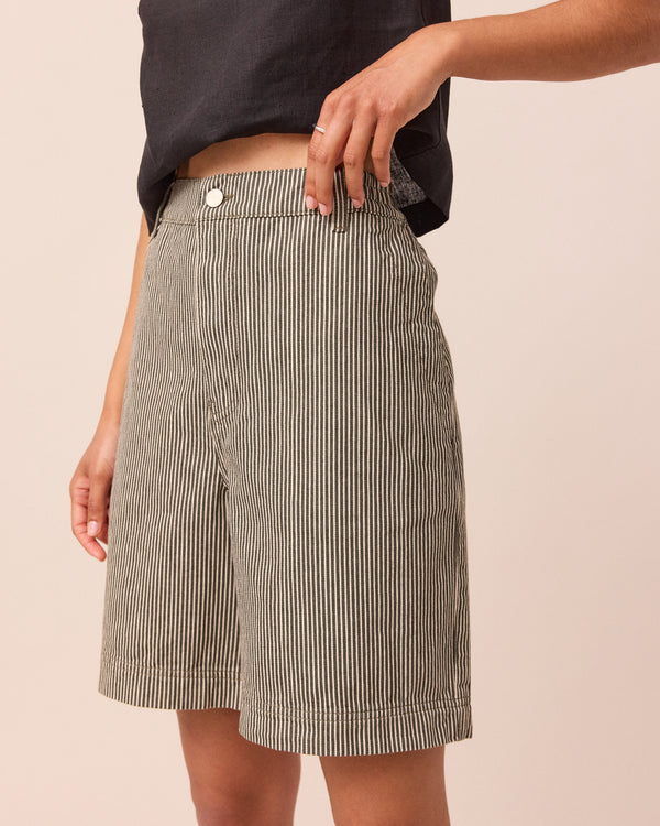 model wears bella hickery stripe shorts