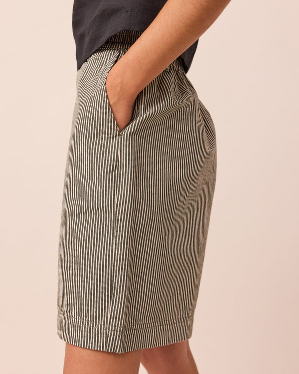 model wears bella hickery stripe shorts