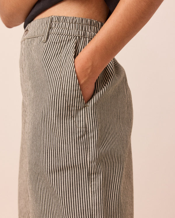 model wears bella hickery stripe shorts