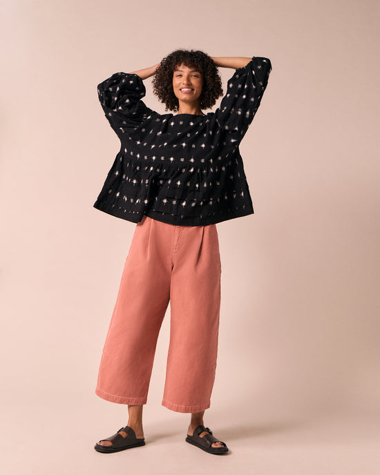 model wears simone ikat cotton top