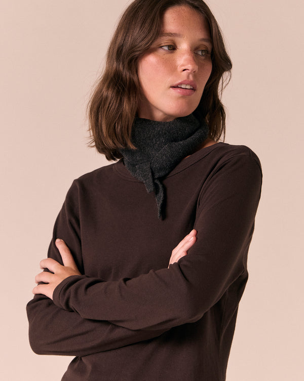 model wears skinned knitted charcoal neckerchief