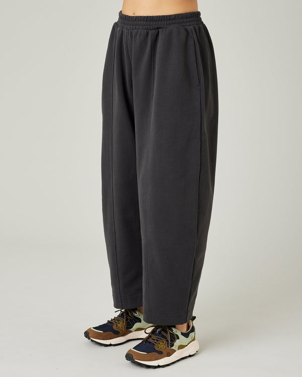 model wears slate fleeceback jersey mabel trousers left
