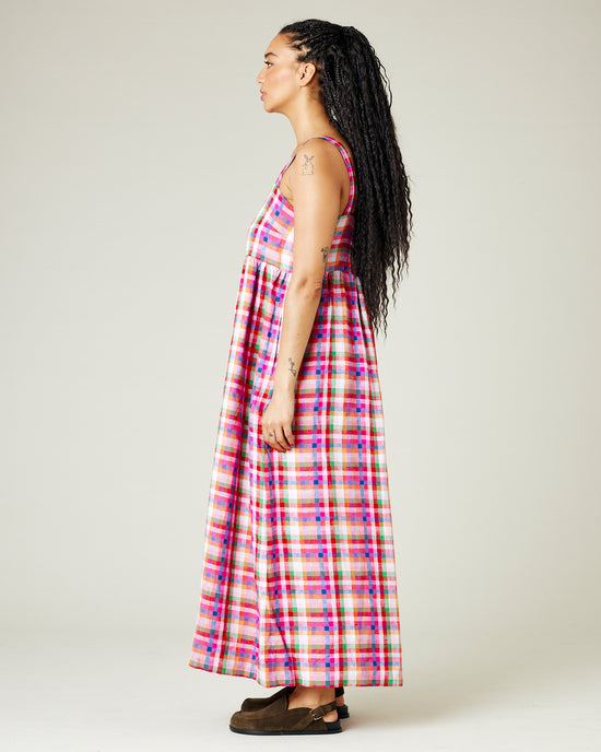 model wears sonny check linen suki dress