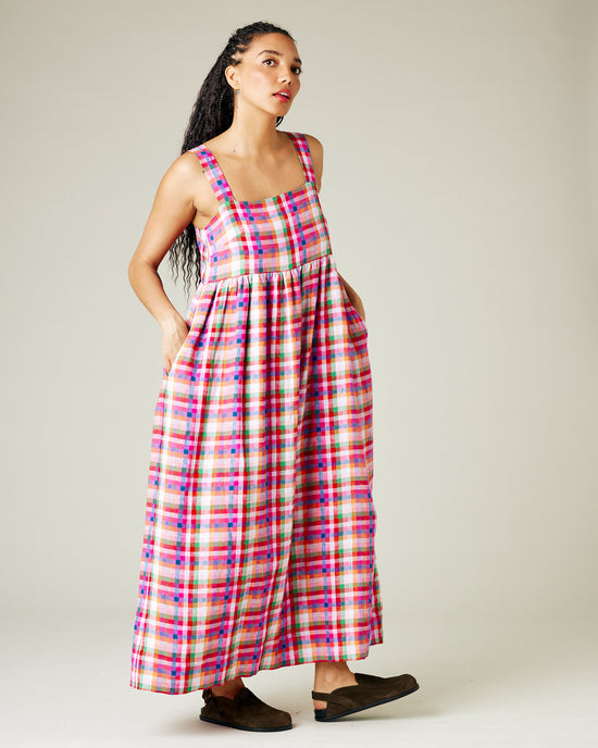 model wears sonny check linen suki dress