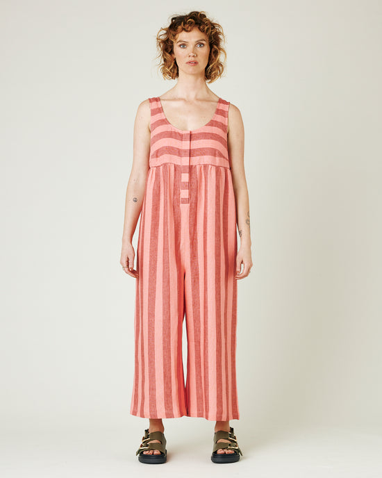 model wears blush stripe savannah jumpsuit