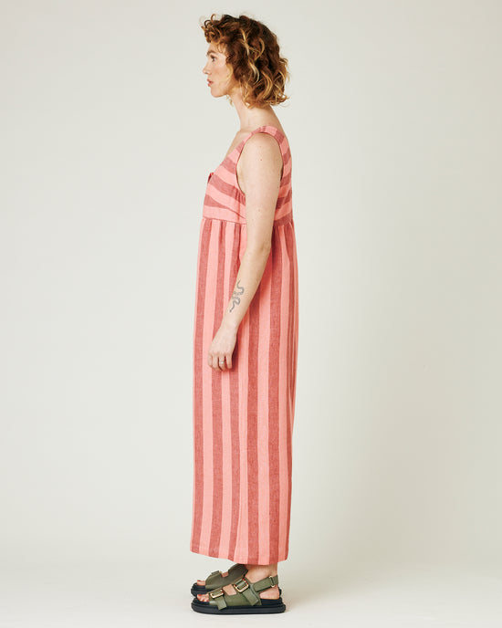 model wears blush stripe savannah jumpsuit