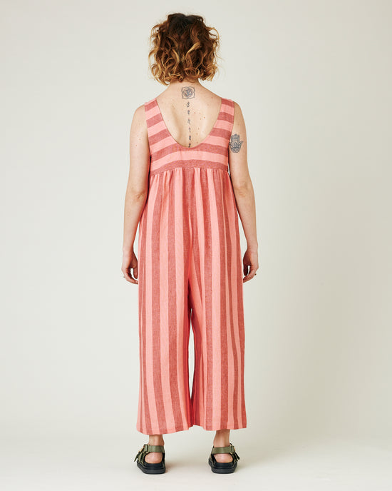 model wears blush stripe savannah jumpsuit