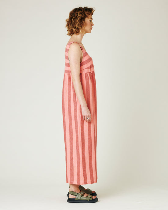 model wears blush stripe savannah jumpsuit