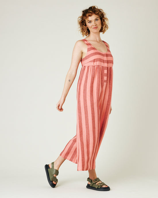 model wears blush stripe savannah jumpsuit