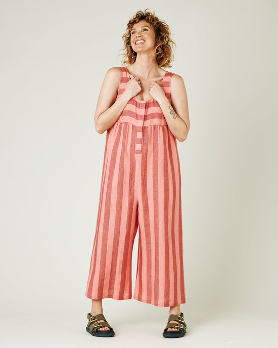 model wears blush stripe savannah jumpsuit