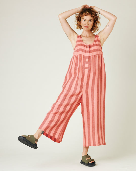 model wears blush stripe savannah jumpsuit