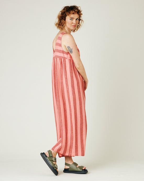 model wears blush stripe savannah jumpsuit