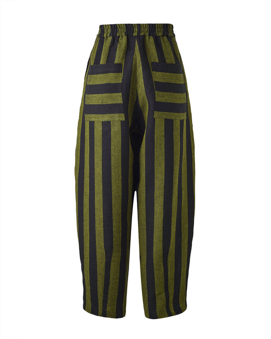 model wears huxley olive and black stripe trousers right