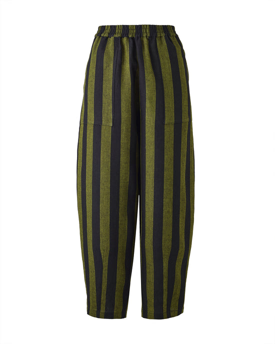 model wears huxley olive and black stripe trousers back