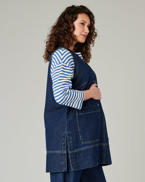 pregnant model wears tabby dark wash denim tunic 