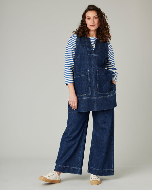 pregnant model wears tabby dark wash denim tunic 