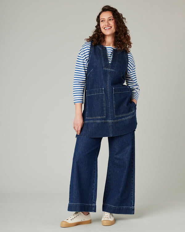 pregnant model wears tabby dark wash denim tunic 