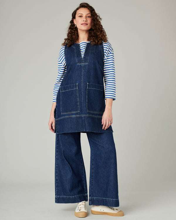 pregnant model wears tabby dark wash denim tunic 