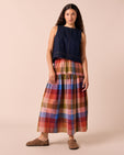 model wears talia sundown check linen skirt