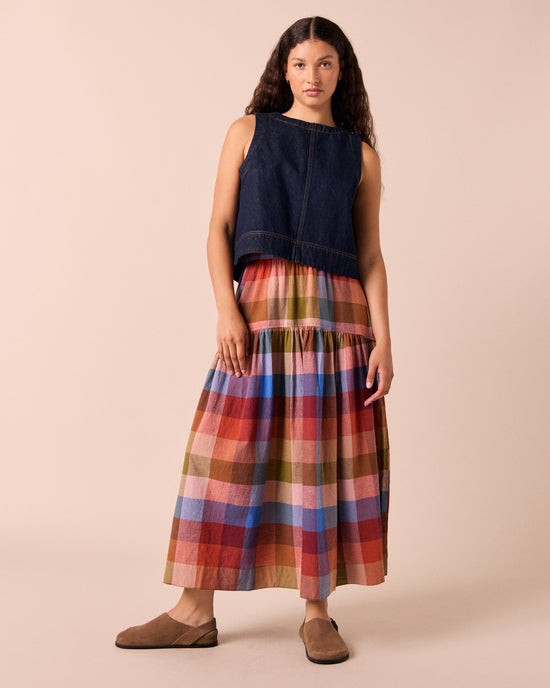 model wears talia sundown check linen skirt