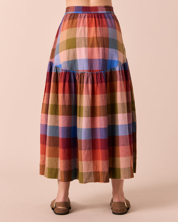 model wears talia sundown check linen skirt