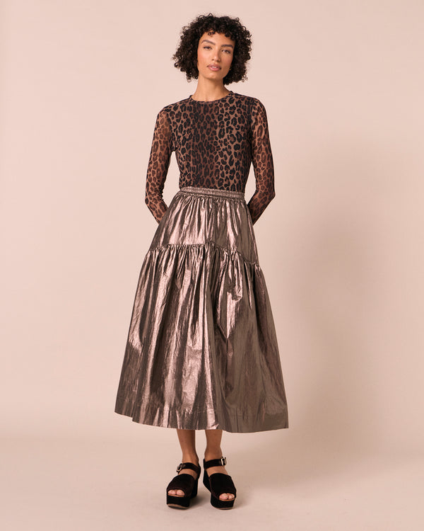 model wears alia pewter metallic linen skirt