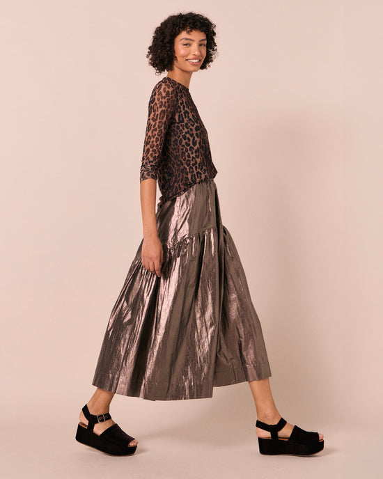 model wears alia pewter metallic linen skirt