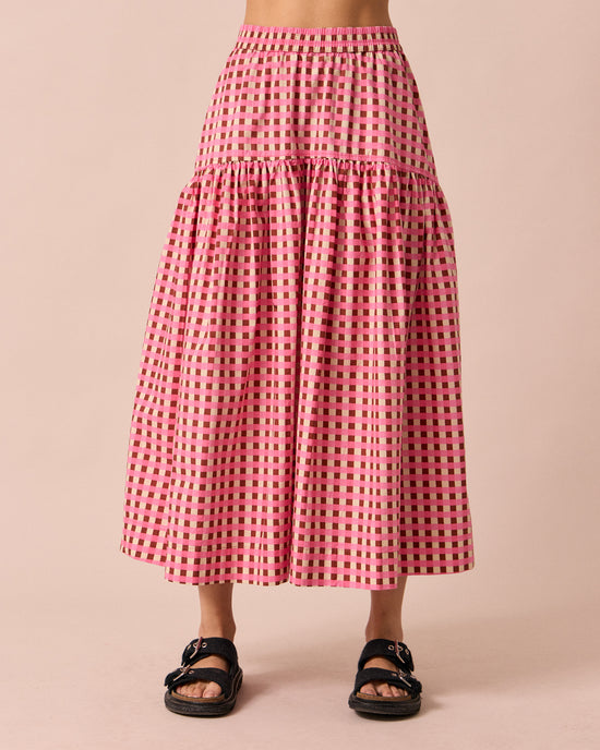 model wears talia neopolitan check textured cotton skirt