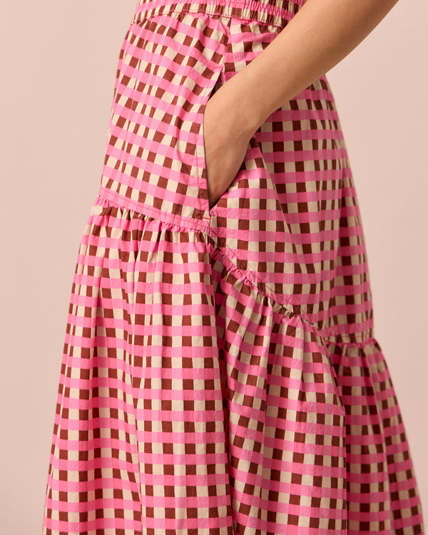 model wears talia neopolitan check textured cotton skirt