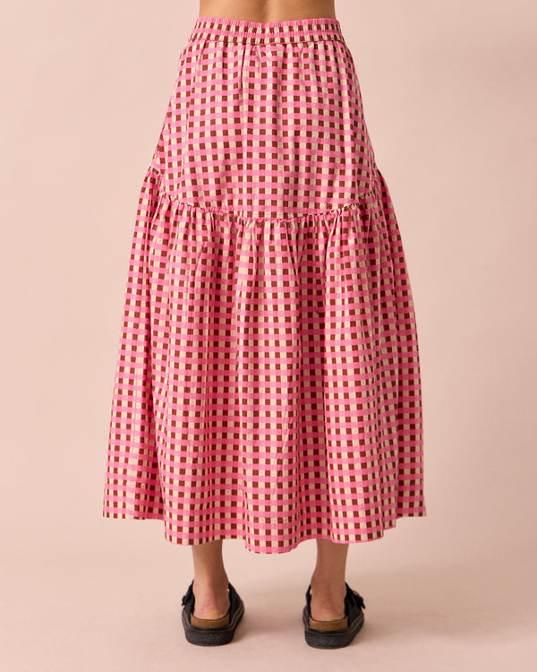 model wears talia neopolitan check textured cotton skirt