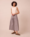model wears talia ganache gingham cotton linen skirt
