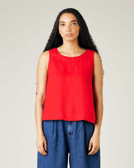 model wears red linen tara top