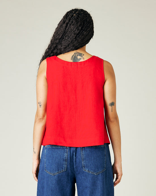 model wears red linen tara top