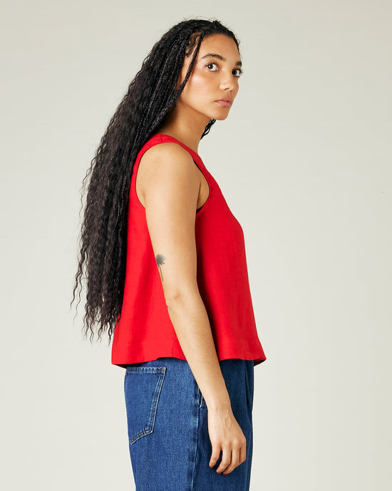 model wears red linen tara top