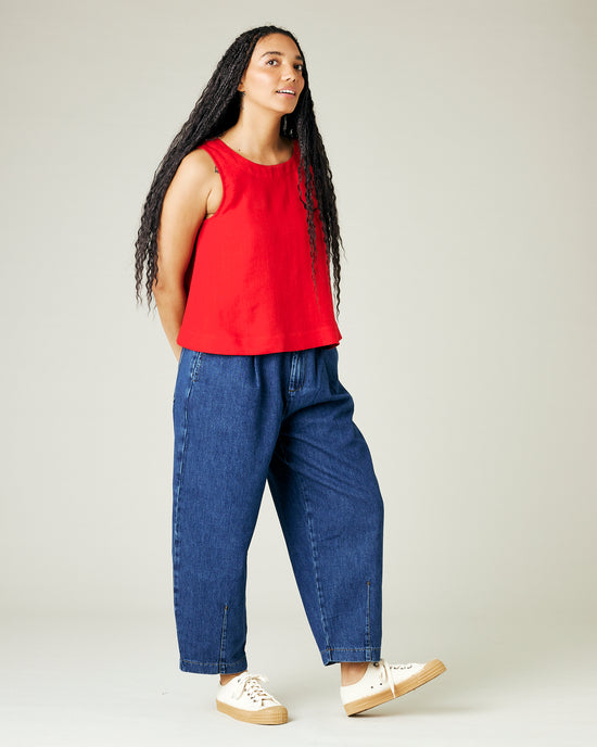 model wears red linen tara top