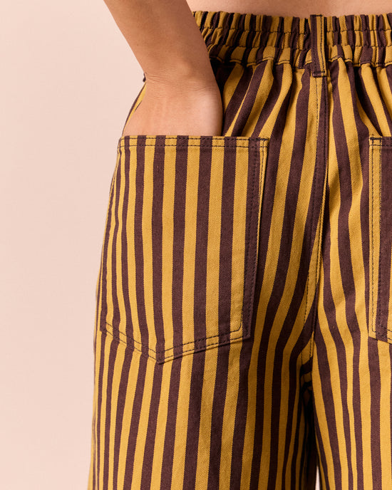 model wear tavi saffron and chocolate stripe jeans