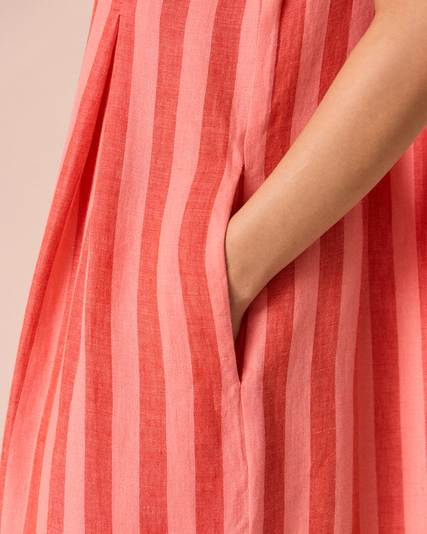 model wears tula sorbet stripe linen jumpsuit
