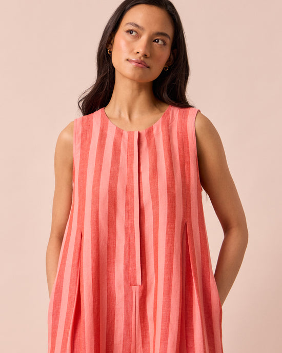 model wears tula sorbet stripe linen jumpsuit