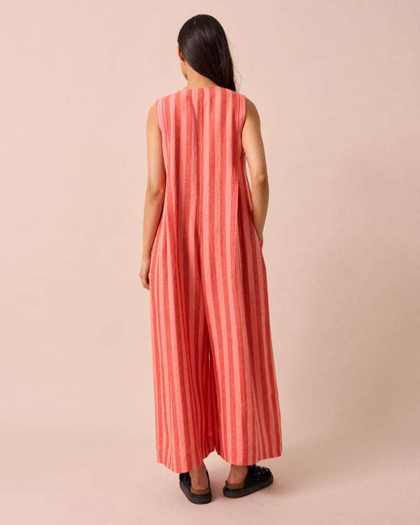 model wears tula sorbet stripe linen jumpsuit
