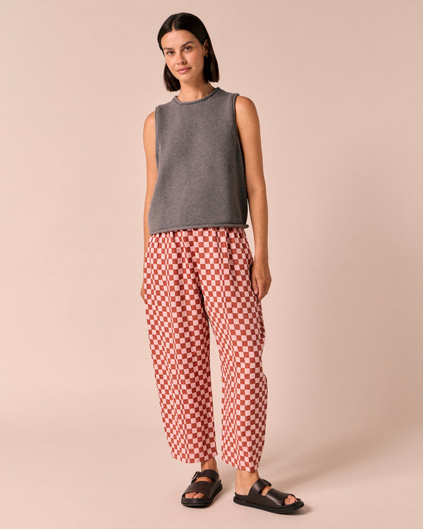 model wears tyler fog knitted vest