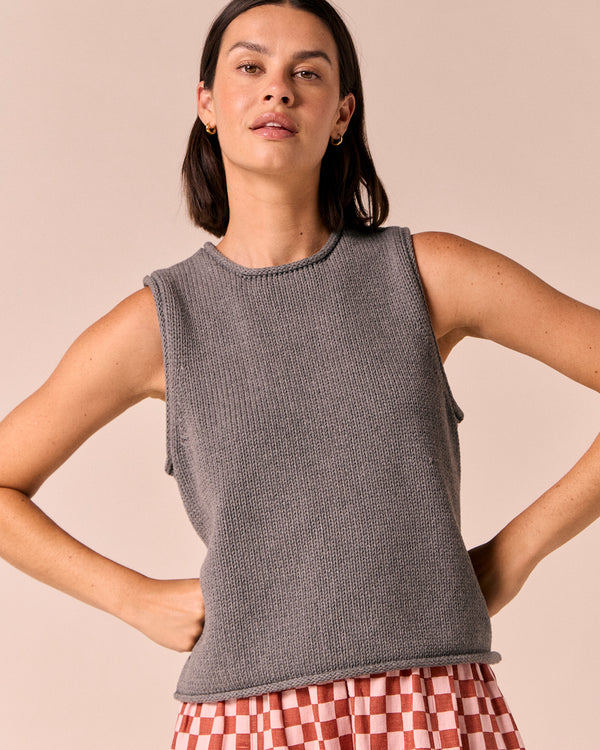 model wears tyler fog knitted vest
