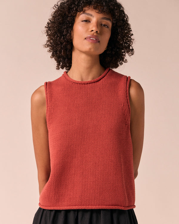 model wears tyler rosewood knitted vest