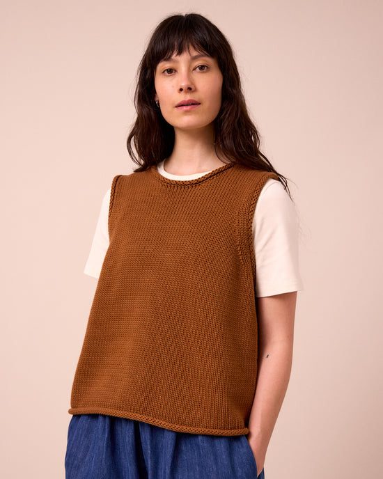 model wears tyler tobacco knitted vest